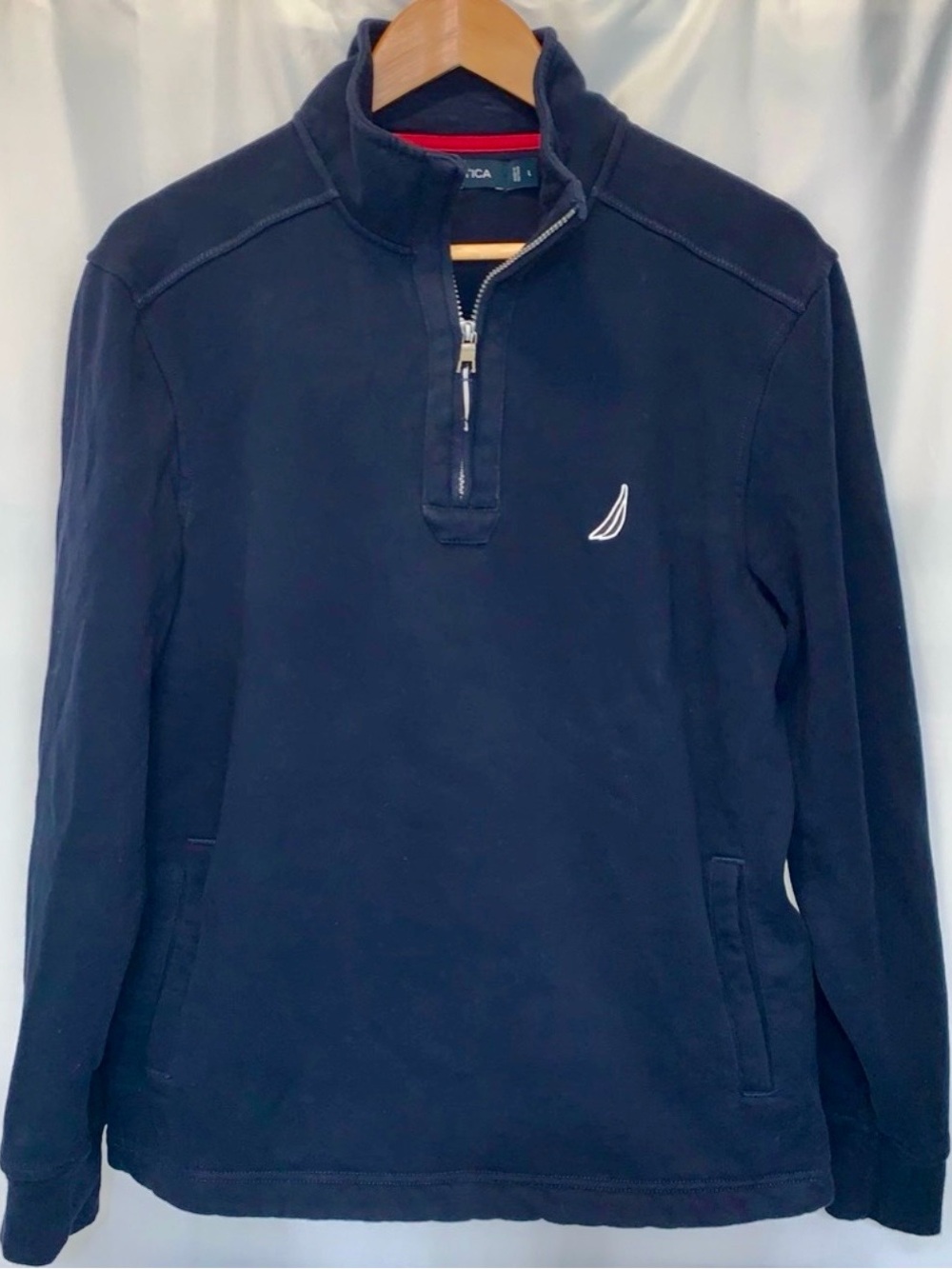 Nautica Sweatshirt Mens Large Blue 1/4 Zip Mock Neck Knit Pullover Logo Solid
